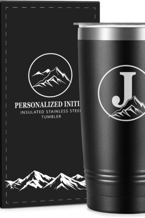 Fathers Day Personalized Gifts for Men Dad Husband Grandpa From Daughter Son – Initial A-Z Insulated Tumbler, Birthday Gifts for Men Dad Grandpa Husband Boyfriend Brother , 20 oz Travel Coffee Mug(J)