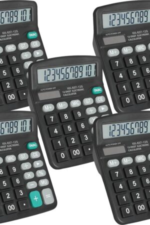 5 Pack Calculator Bulk, 12 Digits Calculators Desktop with Large LCD Display and Sensitive Butto, Solar and Battery Dual Power, Desk Calculator for Office, School, Home
