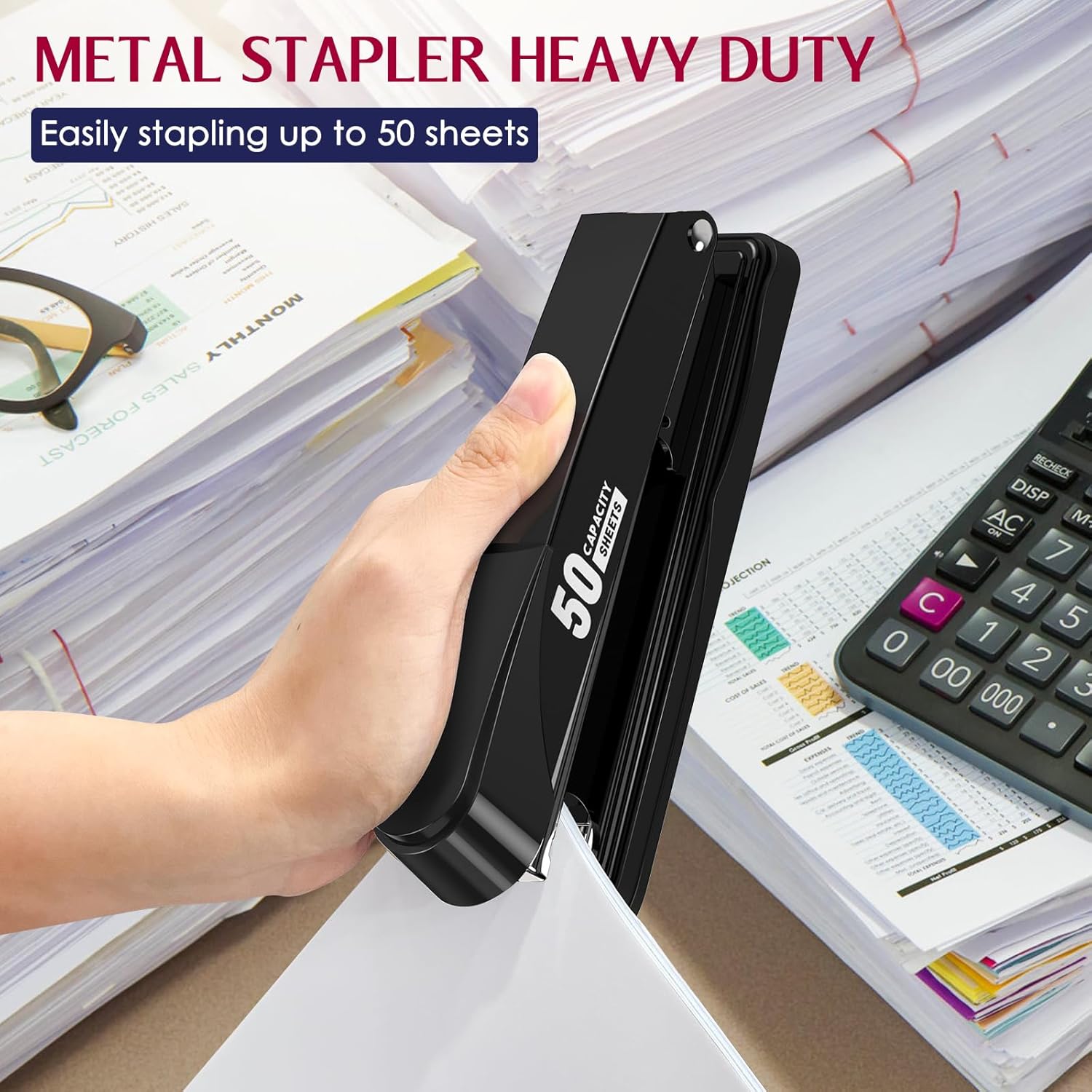 Metal Stapler Heavy Duty 50 Sheet Capacity with 1750 Staples and Staple Remover, Full Strip Staplers for Desk, No Jam, Non-Slip for Office & Classroom, Black - Image 3