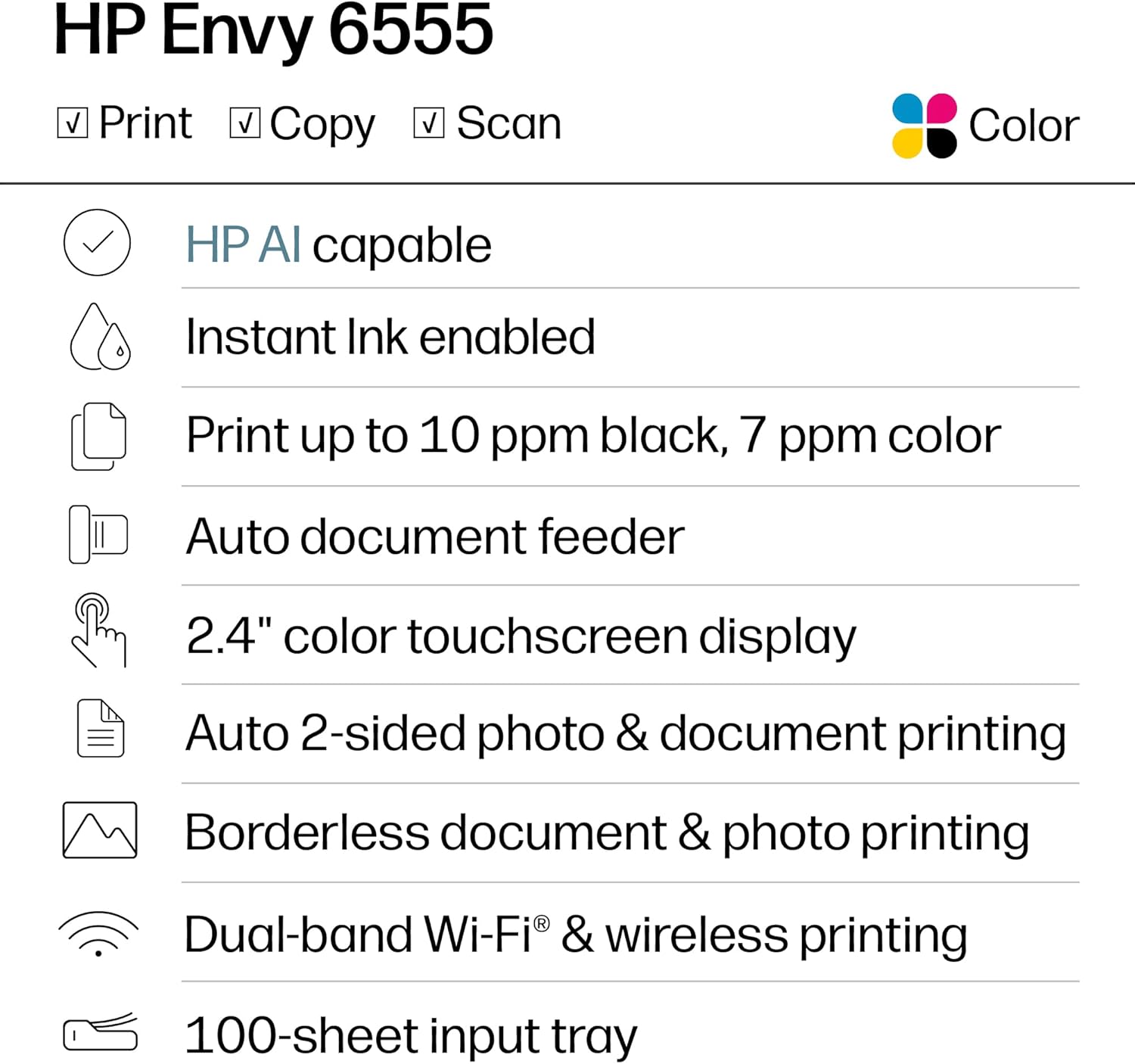 HP Envy 6555 Wireless All-in-One Color Inkjet Printer, Print, Scan, Copy, Duplex Printing Best-for-Home, 3 Month Trial of Instant Ink Included, AI-Capable (C2XR6A) Portobello - Image 2