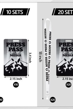Outus 10 Sets Press Party Pass Kits Press Pass Badge with Lanyard Novelty ID Badge Prop Costume Lanyard Label Tag for Costume Party Reporter Cosplay Birthday Favors