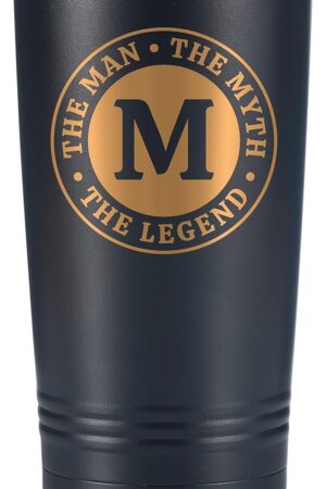 the Man the Myth the Legend Mug with Initials, Monogrammed Stainless Steel Travel Tumbler for Men, Funny Personalized Coffee Cup, Custom Beer Glass, Unique Birthday Christmas Gifts for Him, 20 oz, M