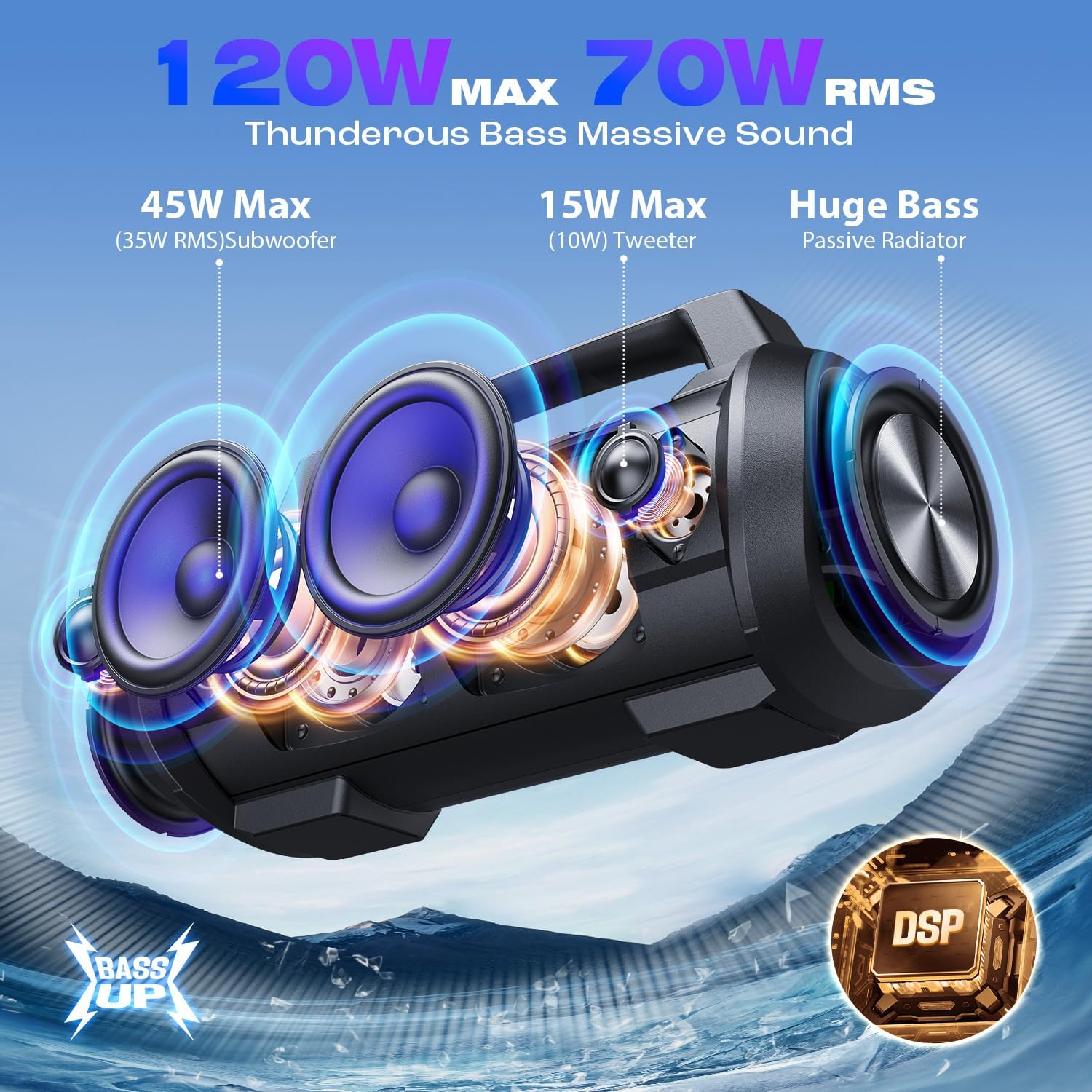 W-KING Portable Bluetooth Speaker, 120W Max/110dB/IPX6/BT5.4/42H/RGB/4 Drivers/70W Deep Bass/Wireless Stereo Pairing, Large Party Boombox,Outdoor/Camping/Beach Essentials for Dad/Husband/Father's Day - Image 2