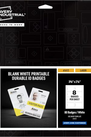 Avery Durable Tall ID Badges for Lanyards, Laser Printable on Both Sides, Blank White, 80 Total, 3.375" x 2.125" (61612)