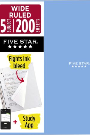 Five Star Spiral Notebook + Study App, 5 Subject, Wide Ruled Paper, 8" x 10-1/2", 200 Sheets, Fights Ink Bleed, Water Resistant Cover, Tidewater Blue (73196)