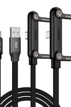 Invisible Holder Charger Cable, Fast Charging Cable for Desk, USB-A to Type-C (65W) & USB-C to Light-ning (240W) Cable 4.9 FT with 360° Adjustable Metal Stand, 2 in 1 Holder Charger for Gaming, Office