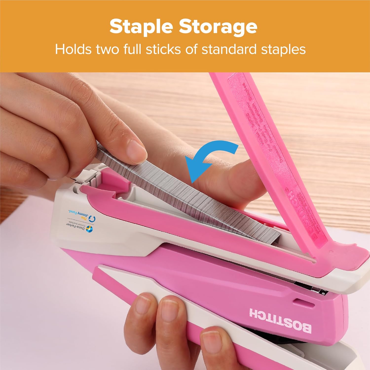 Bostitch Office InPower Spring-Powered Desktop Stapler, 20 Sheet Capacity, One Finger Stapling, Includes 210 Staples, Jam Free, Opens for Tacking, Breast Cancer Awareness Pink - Image 5