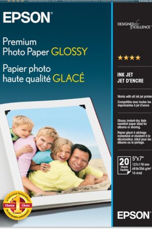 Epson Premium Photo Paper Glossy, 20 sheets, 5x7 Borderless, (S041464)