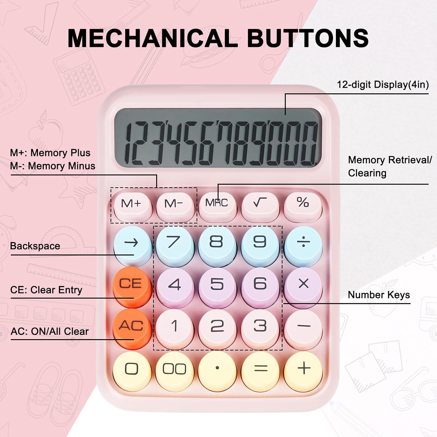 Mechanical Switch Calculator with Big Buttons, Calculators Desktop, 12 Digits, Large LCD Display, Desk Calculator, Cute Pink Calculators for Teachers Students Basic Office (Pink) - Image 3