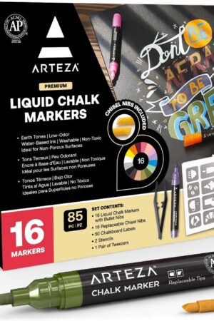 ARTEZA Pastel Liquid Chalk Markers, Set of 16, Tweezers, Labels, Stencils, Erasable, Water Based Pens for Chalkboards, Glass, Windows, and More