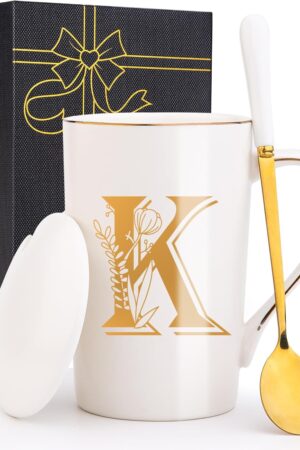 Letter K Personalized Initial Mugs with Flower, Letter K Personalized Coffee Mug, Customized Cool Letter Mugs for Women, Bridal Shower Gifts, Women's Initials Gifts Mug 14 OZ Matte White