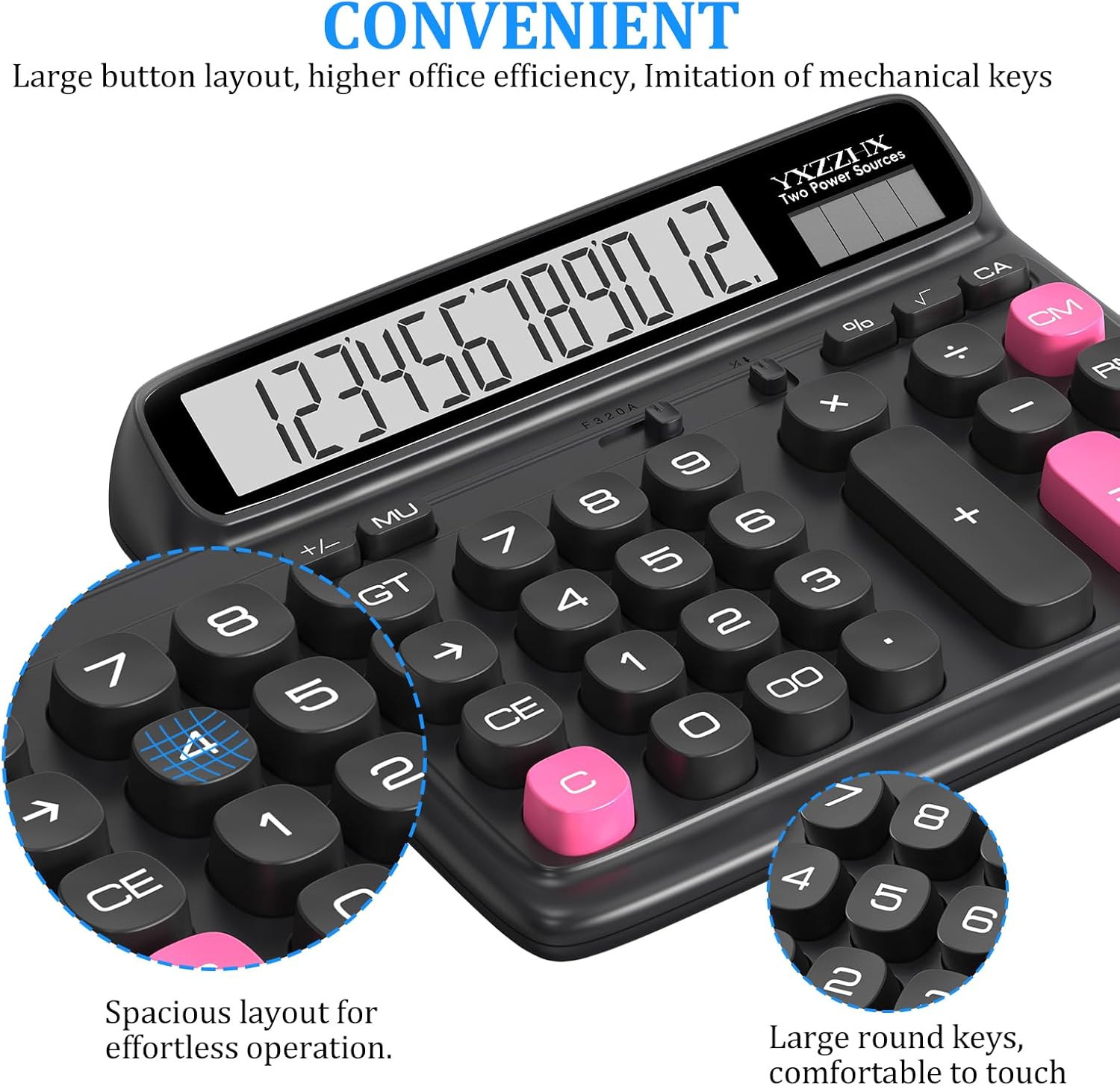 Desktop Calculator with Extra Large 5-Inch LCD Display, 12-Digit Two Way Power Solar & Battery Office Calculator with Big Buttons for Business, Accounting & Home Use(Black) - Image 4