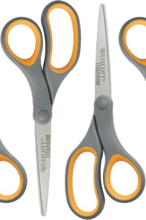 Westcott 8-Inch Titanium Bonded Straight Scissors, Soft Handle, Gray/Yellow, 4-Pack