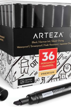 ARTEZA Permanent Markers, Set of 36, Black, Chisel Tip, Waterproof