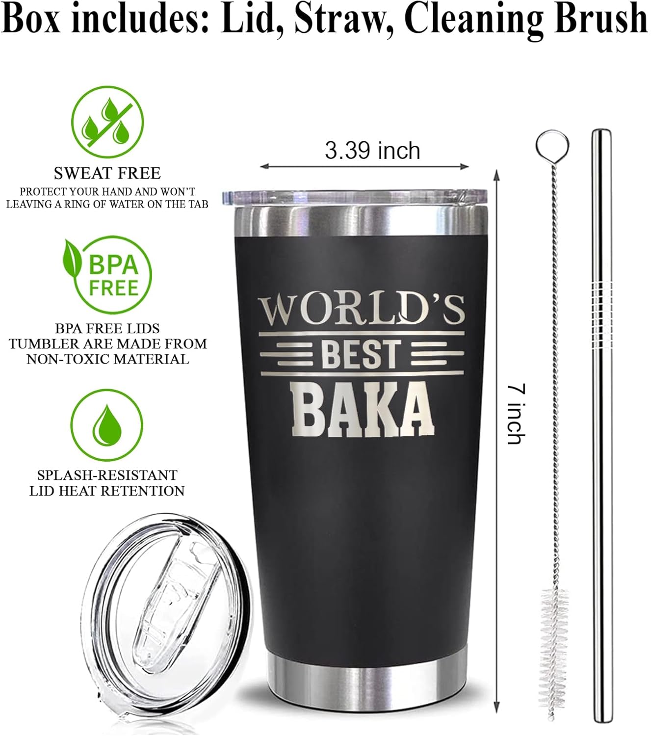 World's Best Baka Tumbler - Best Baka Laser Engraved - Baka Mug - Father's Day Gift - Birthday Gift For Baka - Baka Coffee Mug - Stainless Steel Travel Tumbler 20Oz, Black - Image 2