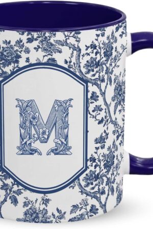 Initial Mug for Women, Personalized Coffee Mug with Letter M, Blue Toile Ceramic Coffee Cup, Monogram Tea Mug, Custom Style Birthday Gift for Friend Coworker Her