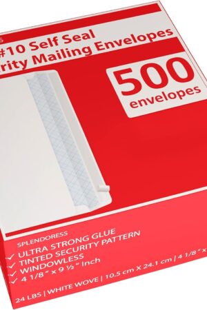 #10 Envelopes Letter Size Self Seal | 500 Business Mailing Security Peel and Sealing Envelope | 100% Tinted | no 10 White Windowless Legal Regular Plain Envelops Pack | 4-1/8 x 9-1/2 Inches | 24 LB