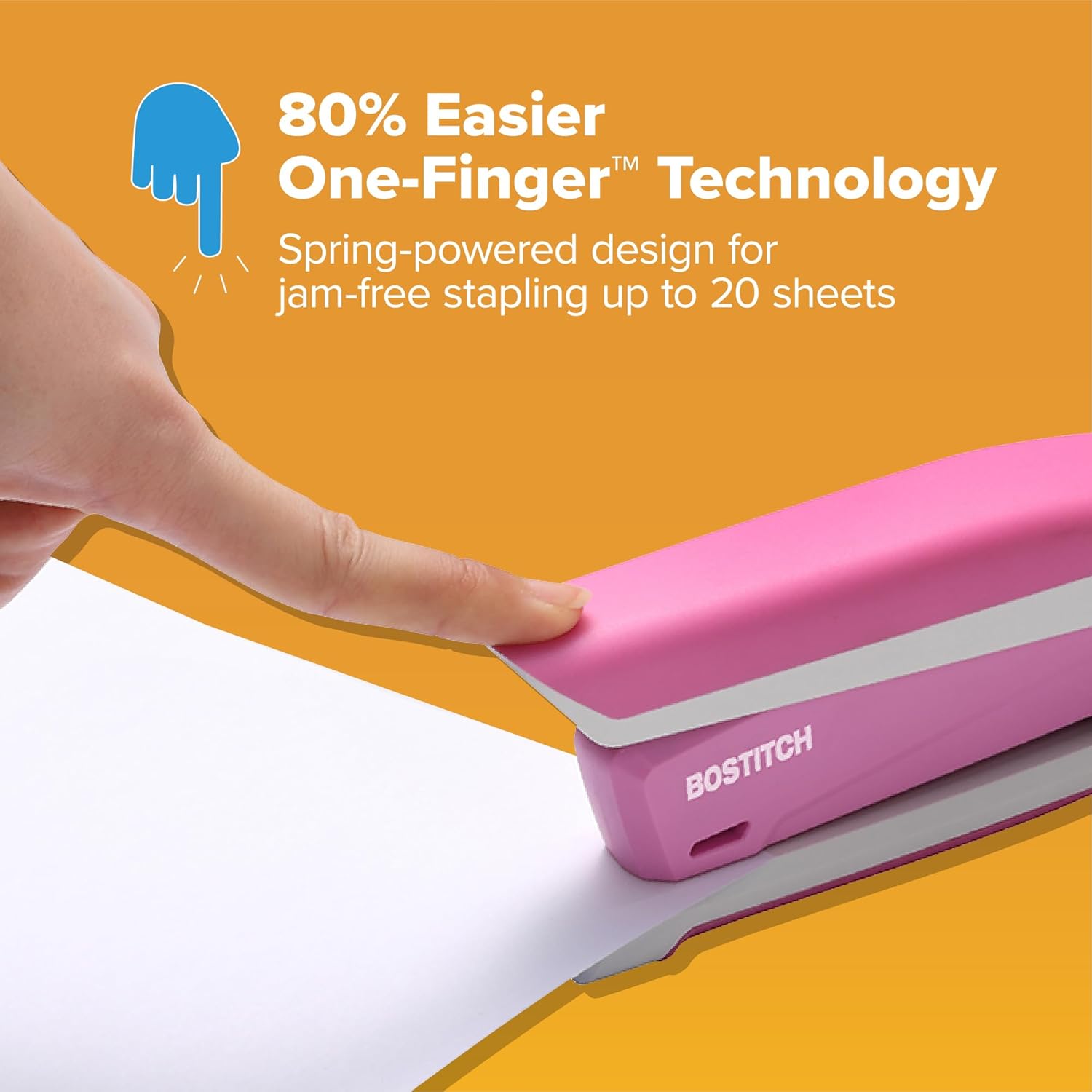 Bostitch Office InPower Spring-Powered Desktop Stapler, 20 Sheet Capacity, One Finger Stapling, Includes 210 Staples, Jam Free, Opens for Tacking, Breast Cancer Awareness Pink - Image 2