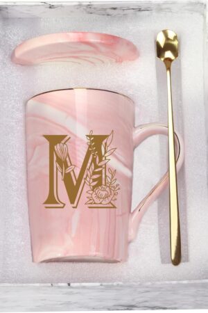 WENSSY Pink 14 Ounce Letter M with Flower Personalized Initial Mugs, Novelty Coffee Mugs for Women, Bridal Shower Gifts, Dishwasher Safe Porcelain Mug