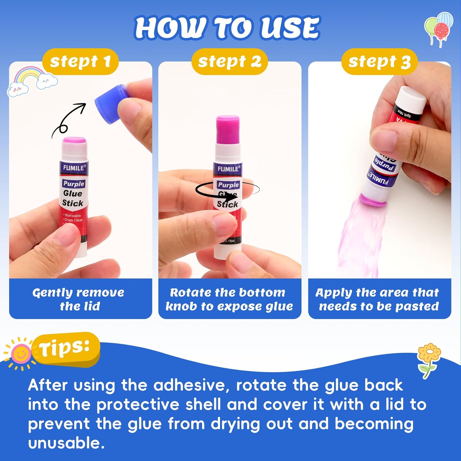 72 Pack Glue Sticks Bulk for Kids, Disappearing Purple Glue Sticks for Classroom and Teacher Supplies.0.18 OZ kids glue Dries Clear, Non-Toxic, Washable, Back to School Supplies and Student Must Haves - Image 9