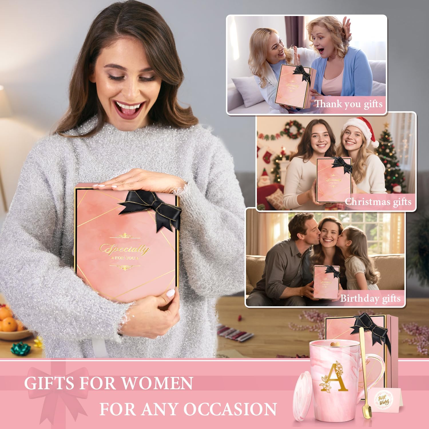 Personalized Marble Ceramic Mug Gifts for Women, 14 Oz Pink Initial Customized Gift Coffee Cup with Lid, Christmas Mother's Day Birthday Gifts for Wife Her Mom Grandma Friend Sister Unique,A - Image 7