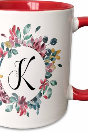 3dRose Pretty Watercolor Floral Circle Frame With A Monogram Initial K 11oz Two-Tone Red Mug
