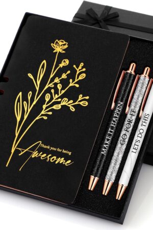 Sayglossy Thank You Gift Set for Graduation End of Year Teacher Appreciation A6 Leather Journal Notebook Pen with Present Box Appreciation Gift for Employee Staff Nurse(Black,Thank You)