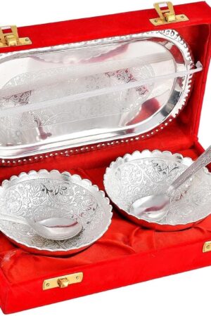 NOBILITY Bowl Spoon Tray Set Silver Plated Dry Fruits Dessert Serving Set Diwali Christmas Eid Wedding Return Gifts Friends Family Home Decorative Housewarming Corporate Gift items