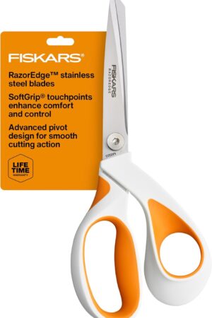 Fiskars RazorEdge Fabric Scissors, Heavy Duty Fabric Shears, Ultra-Sharp Stainless Steel Blades & SoftGrip Ergonomic Handle, 8”, White/Orange
