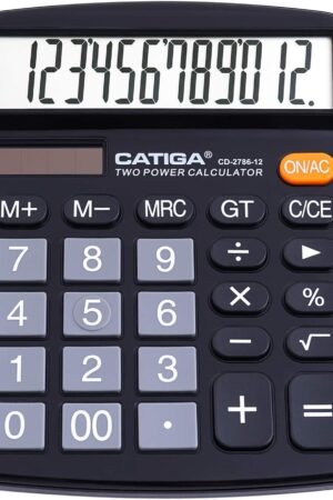 CATIGA 12 Digit Desk Calculator, Desktop Calculators with Large LCD Display & Big Buttons, Dual Power Solar & Battery, Standard Basic 4 Function Calculator for School, Office, Home