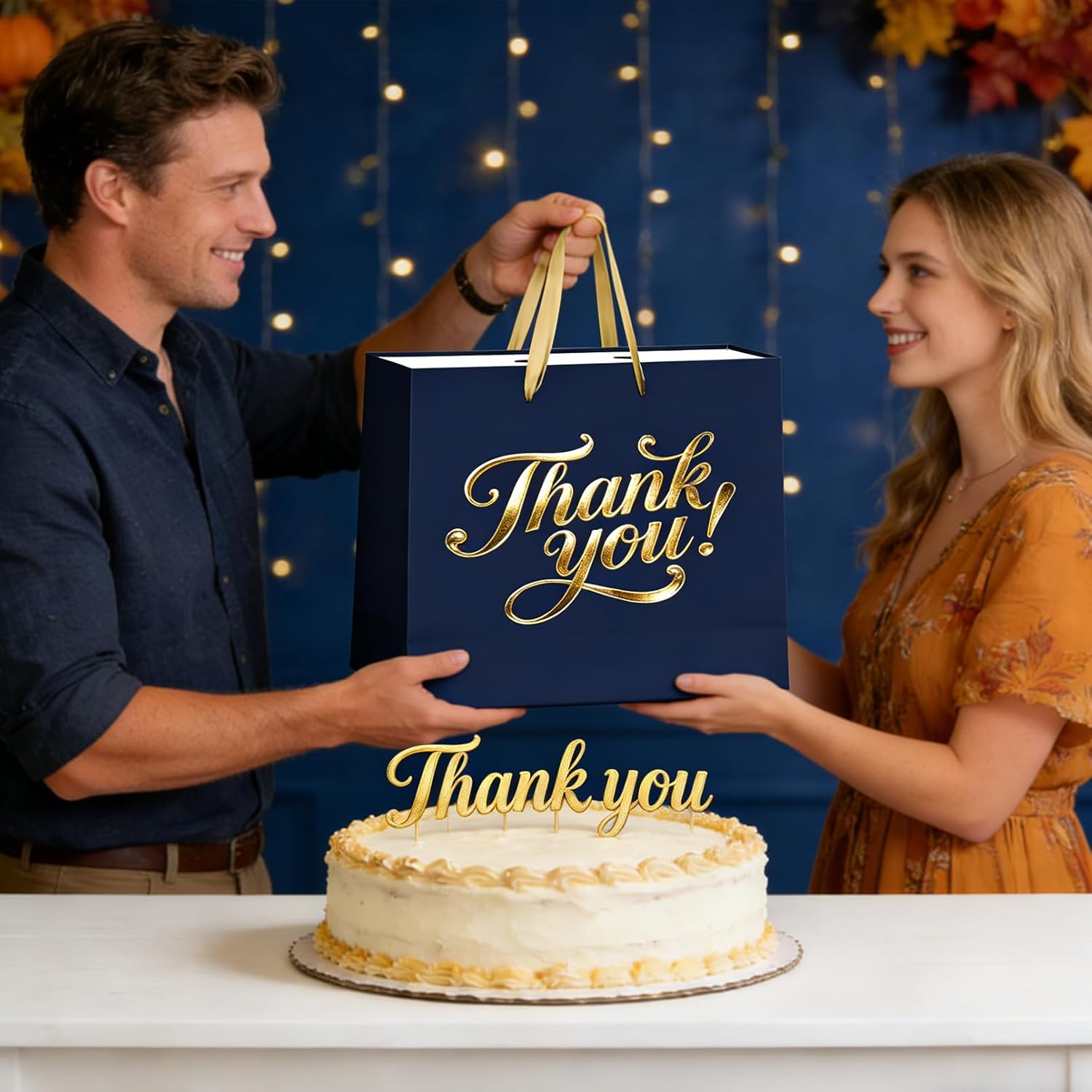 YXYASR Navy Blue and Gold Thank You Gift Bag - Large Gift Wrap Set with Handles - Includes 3 Sheets Gold Tissue Paper and Greeting Card - for Business, Weddings, and Client Appreciation - Image 4