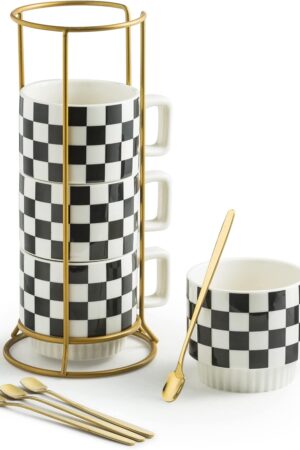 Miamolo Stackable Coffee Mug Set of 4 with Rack 11 oz Tea Cup Set with Little Spoon for Coffee Tea Cocoa Milk, Father's Day,Checkered Black and White Pattern Coffee Mug for Housewarming Gift