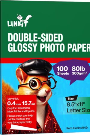 Uinkit 100 Sheets 8.5x11 Letter Size Thick Heavyweight Photo Paper Double Sided Glossy Cardstock 80LB 300Gsm 15.7Mil Brochure, Only for professional Inkjet Printer and Dye Ink (100)