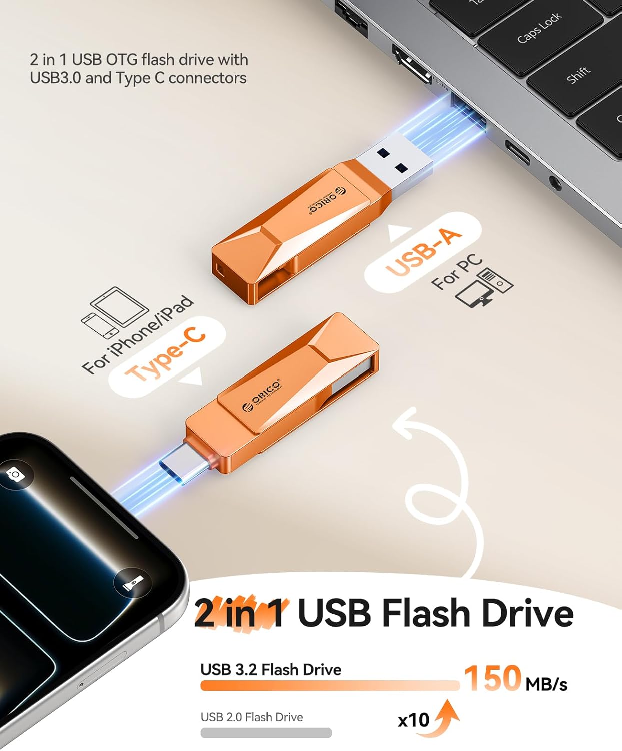 ORICO USB 3.0 Flash Drive 150MB/S 2 in 1 Memory Stick 64GB Metal Housing Swivel Design Support OTG Function for USB C and USB A Devices, Backward-Compatible USB2.0 -CB05 OR - Image 2