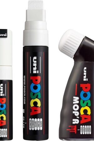 posca White Paint Marker Set – 3 Broad Nib Pens (MOP’R, PC-17K, PC-8K) | Extra Broad Tips 8 mm–19 mm | Premium Multi-Surface Acrylic Markers for Artists & Crafters