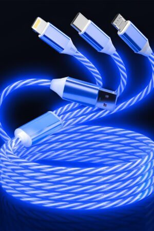 3-in-1 Light Up LED Flowing Lightning/Type C/Micro USB Car Glowing Charge Cable for iPhone,Blue Multi RGB Car Charger Cord for Apple iPhone 15/14/13/12/11 Pro Max/XR/XS/SE,iPad/Android/Samsung-4FT
