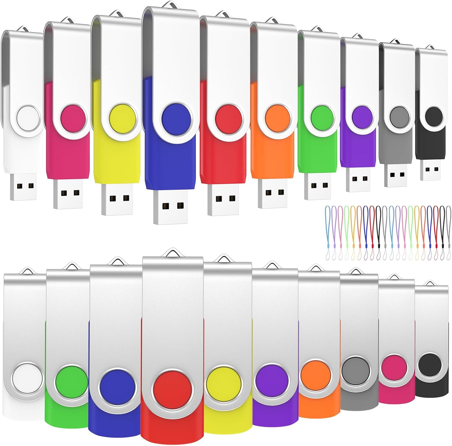 ABLAZE 128MB Flash Drive 20 Pack, USB 2.0 Memory Stick with Lanyards Swivel Thumb Drives Bulk Pendrive U Disk for Data Storage (Mixcolors)