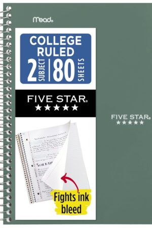 Five Star Spiral Notebook, 2 Subject, College Ruled Paper, 6" x 9-1/2", 80 Sheets, Fights Ink Bleed, Water Resistant Cover, Seaglass Green (840029CH1-ECM)