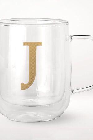 COLLECTIVE HOME - Double Walled Glass Coffee Mugs, Insulated Coffee Mug with Handle, Personalized Gifts for Women, Men, Christmas, 14 oz Monogram Cups (J)