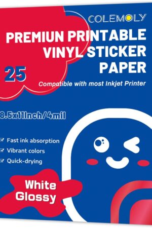 Glossy Sticker Paper Printable Vinyl for Inkjet Printer Adhesive White Decals Waterproof Quick Drying Tear Resistance Labels Letter Size 8.5x11 in for Craft,Scrapbook