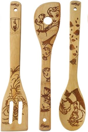 Beauty and the Beast Burned Wooden Spoons Cooking &Serving Utensils Set Bamboo Spoon Slotted Kitchen Utensil Fun Gift Idea Warming Present (Set of 5)