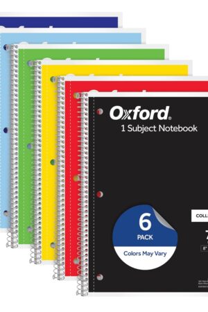 Oxford Spiral Notebook 6 Pack, 1 Subject, College Ruled Paper, 8 x 10-1/2 Inch, Color Assortment Design May Vary (65007)