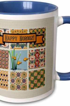 3dRose Happy Norooz, Persian Design Frame Gold Fish, Plant, Bubbles, Colorful 11oz Two-Tone Blue Mug
