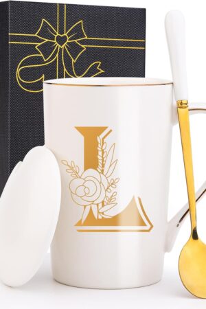 Letter L Personalized Initial Mugs with Flower, Letter L Personalized Coffee Mug, Customized Cool Letters Mugs for Women, Bridal Shower Gifts, Women's Initials Gifts Mug 14 OZ Matte White