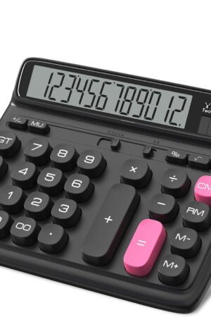 Desktop Calculator with Extra Large 5-Inch LCD Display, 12-Digit Two Way Power Solar & Battery Office Calculator with Big Buttons for Business, Accounting & Home Use(Black)
