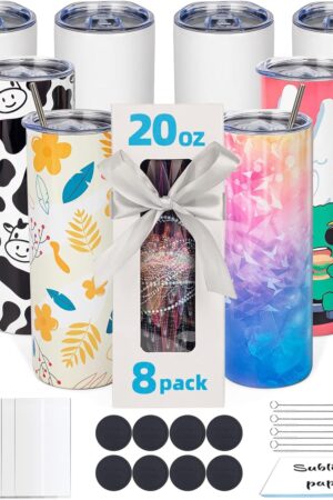 8 Pack 20oz Sublimation Tumbler Blanks Skinny Straight in Bulk, Stainless Steel Insulated Sublimation Tumbler with Polymer Coating for Heat Transfer, With Lid, Straw, ribbon, Gift box