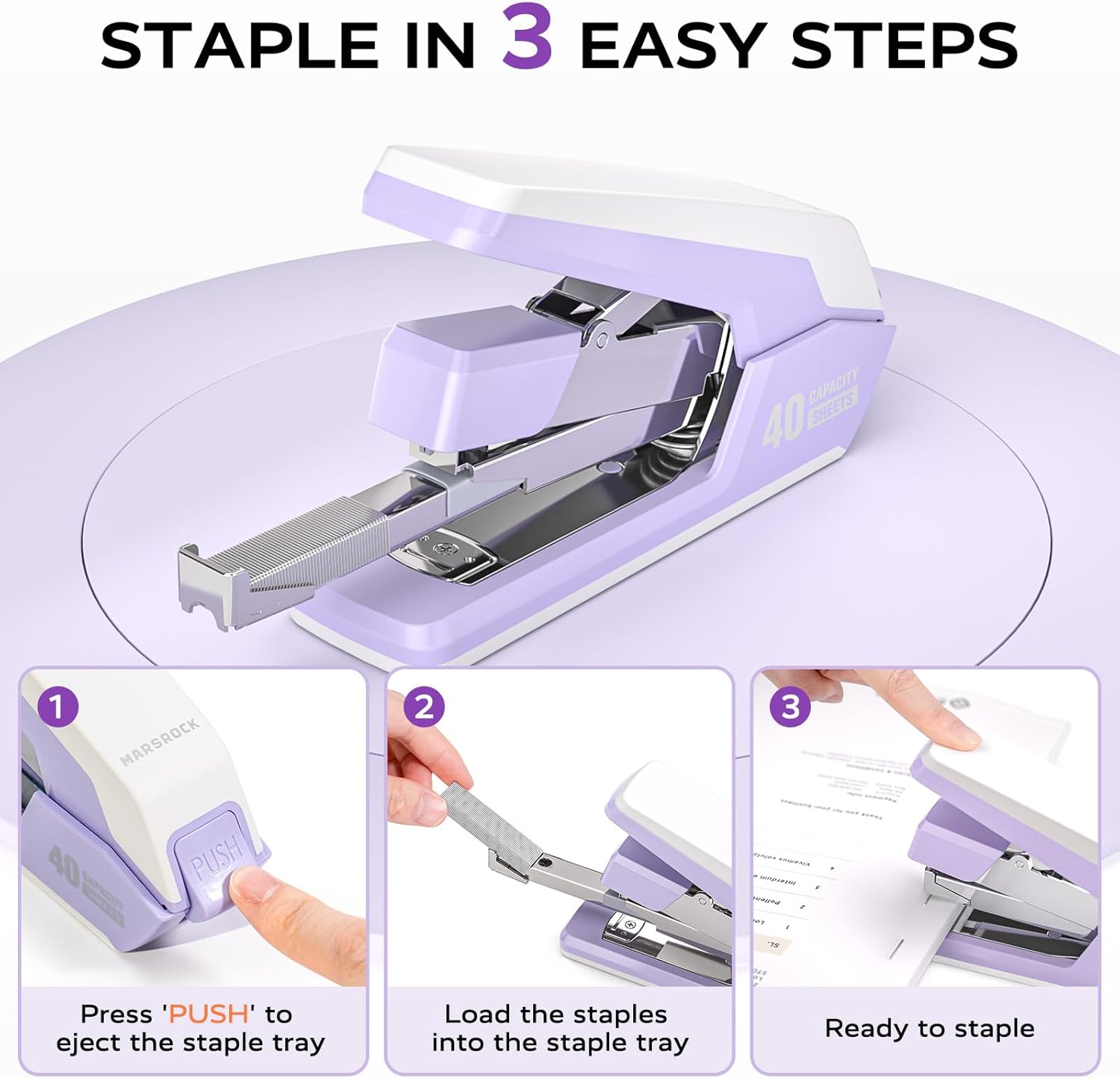 MARSROCK Effortless Stapler for Desk with 40-50 Sheet Capacity, 2000 Staples, 1-Touch Stapling, Ergonomic & Easy to Load Desktop Staplers, Heavy Duty Stapler, and Magnetic Staple Remover, Purple - Image 4