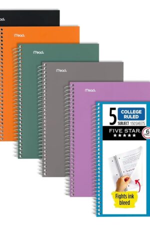 Five Star Spiral Notebook, 5 Subject, College Ruled Paper, 6" x 9-1/2", 150 Sheets, Selected Colors Will Vary, 6 Pack (840030A)