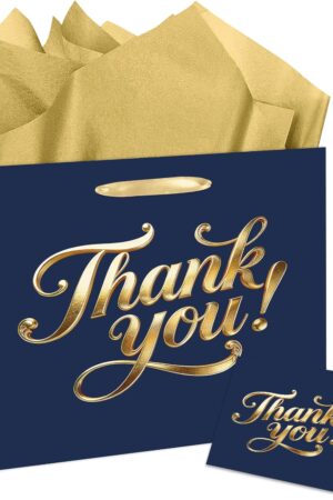YXYASR Navy Blue and Gold Thank You Gift Bag - Large Gift Wrap Set with Handles - Includes 3 Sheets Gold Tissue Paper and Greeting Card - for Business, Weddings, and Client Appreciation
