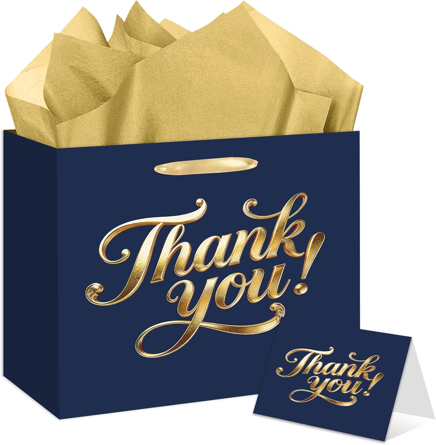 YXYASR Navy Blue and Gold Thank You Gift Bag - Large Gift Wrap Set with Handles - Includes 3 Sheets Gold Tissue Paper and Greeting Card - for Business, Weddings, and Client Appreciation